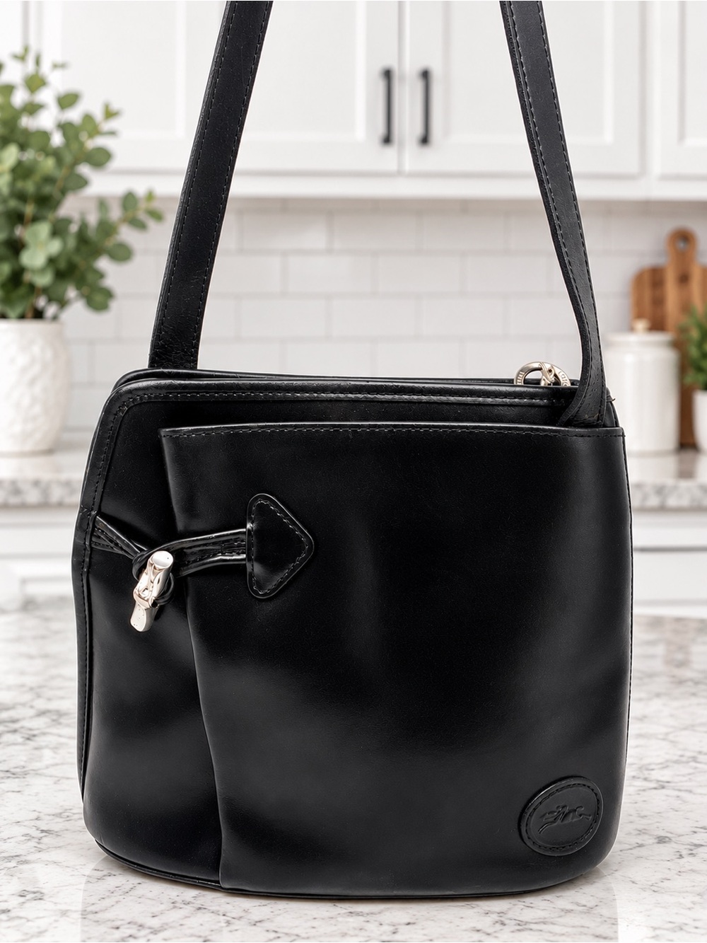 Vintage Longchamp Roseau Black Leather Bucket Shoulder Bag Silver hardware